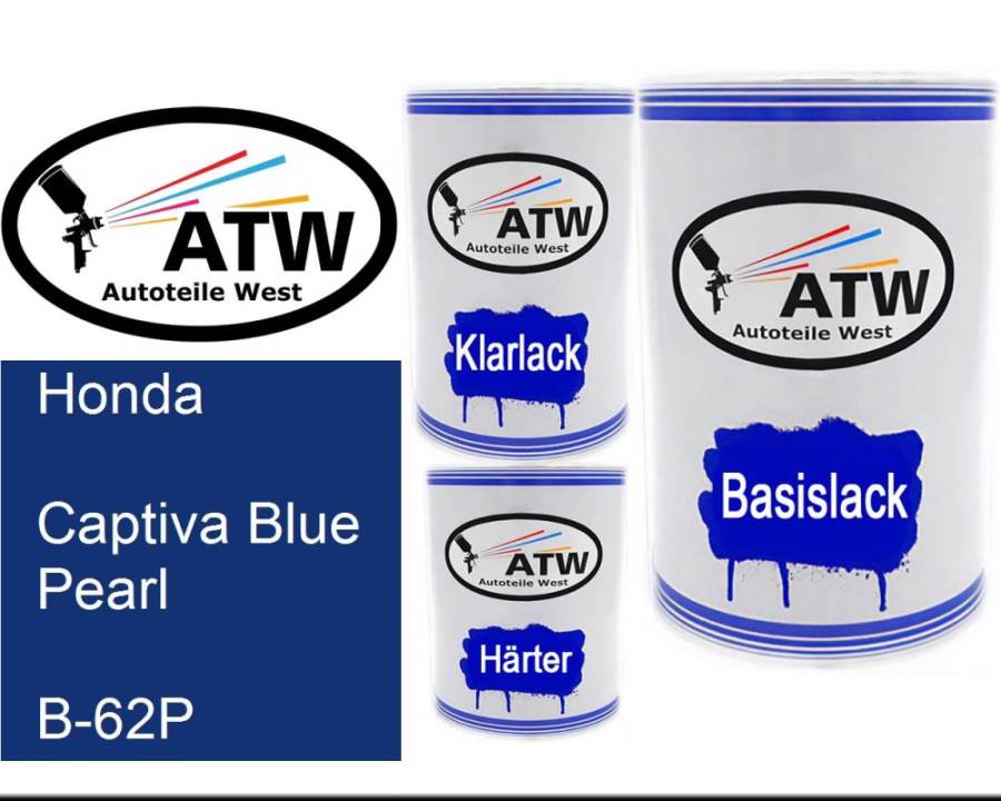 Honda, Captiva Blue Pearl, B-62P: 500ml Lackdose + 500ml Klarlack + 250ml Härter - Set, von ATW Autoteile West.